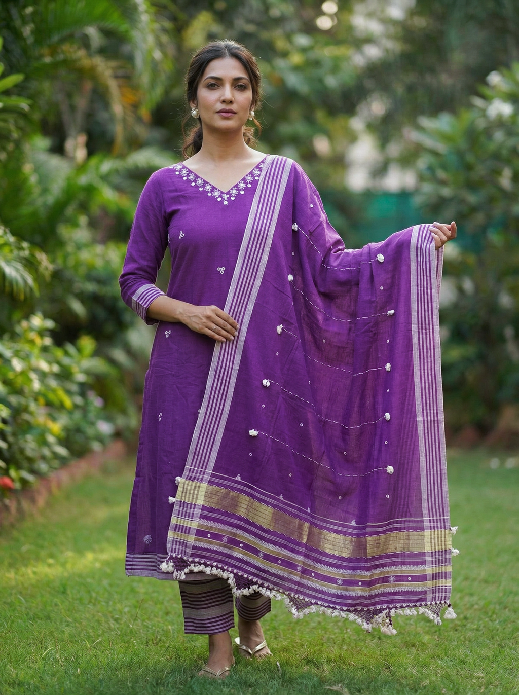Purple Kala Cotton Kurti Set