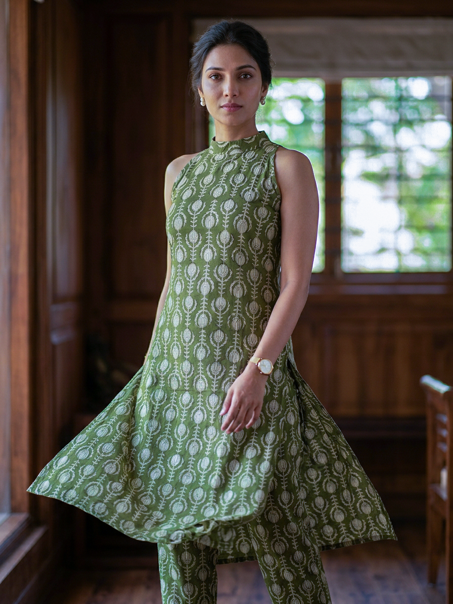 Green Handblocked Print Kurti Set