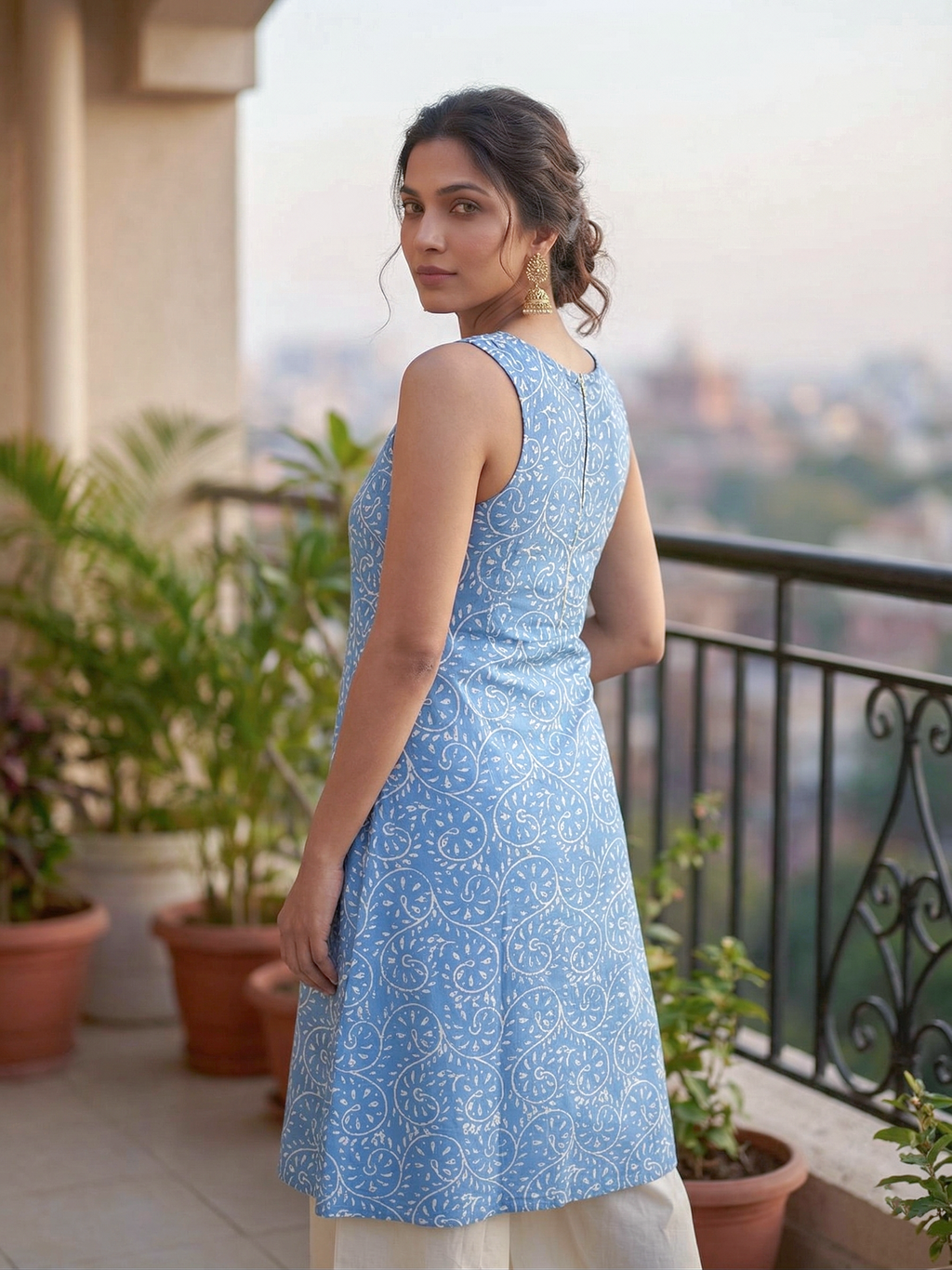 Ice Blue Handblocked Print Kurta Set