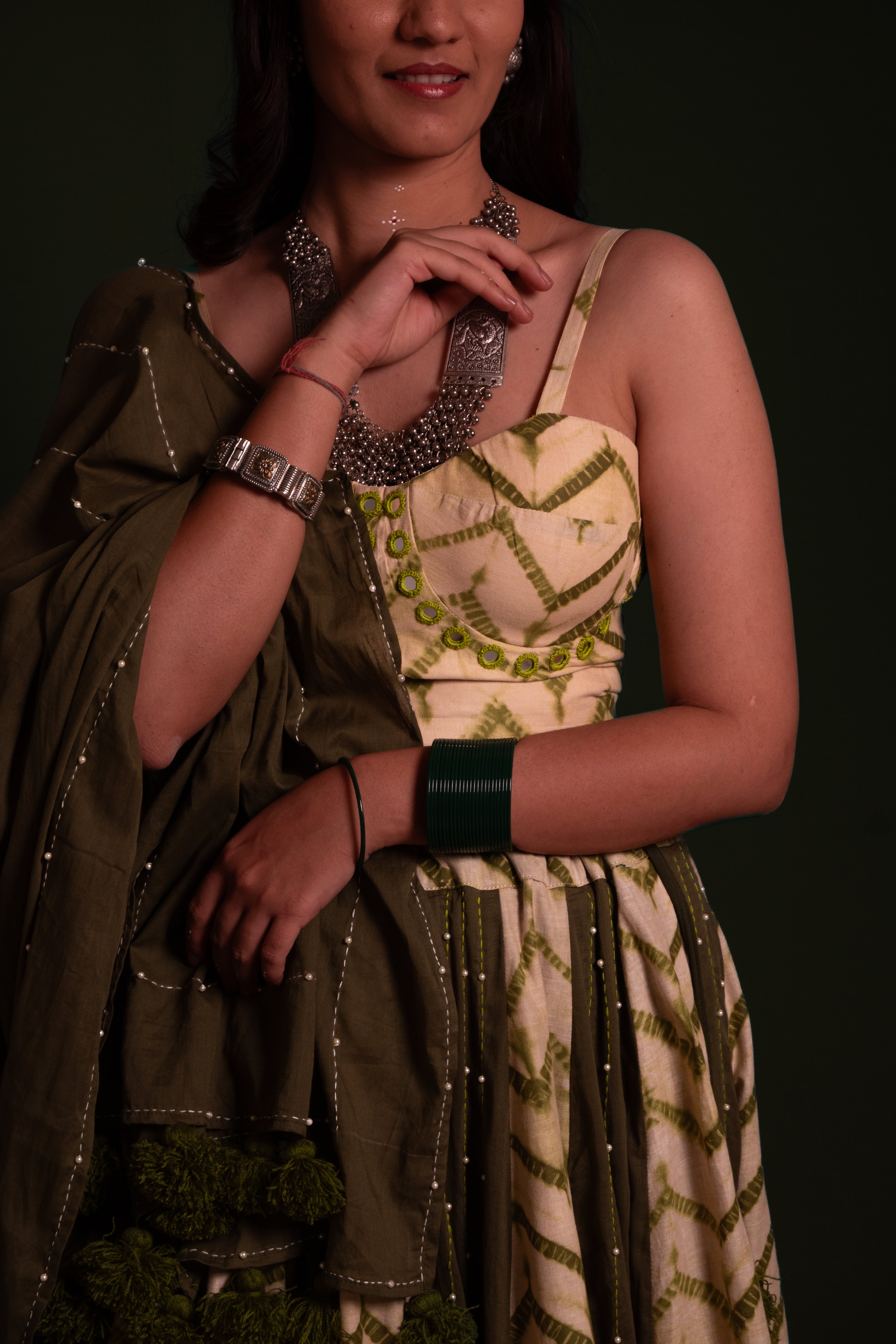 Green Plain Thread Work Choli