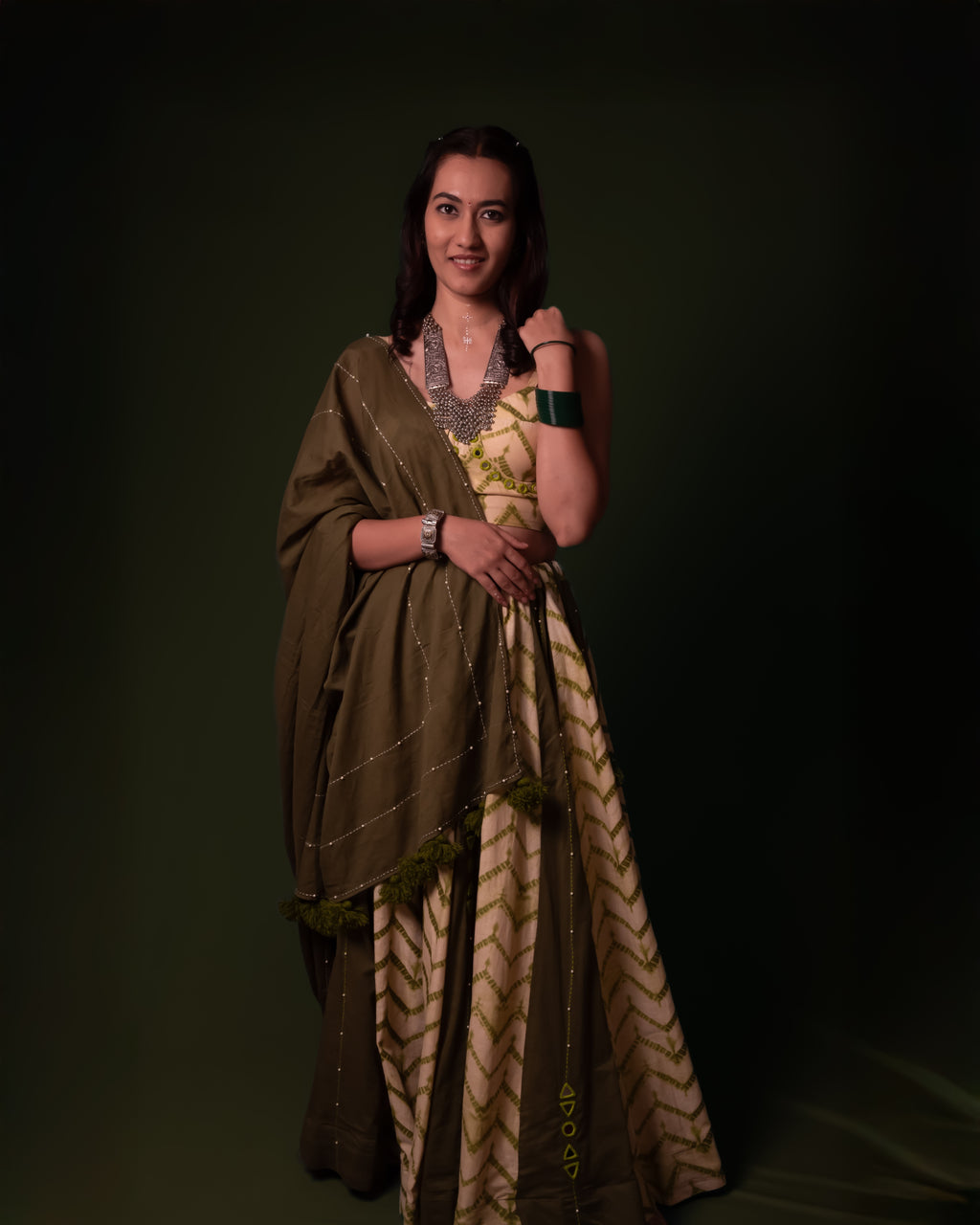 Green Plain Thread Work Choli