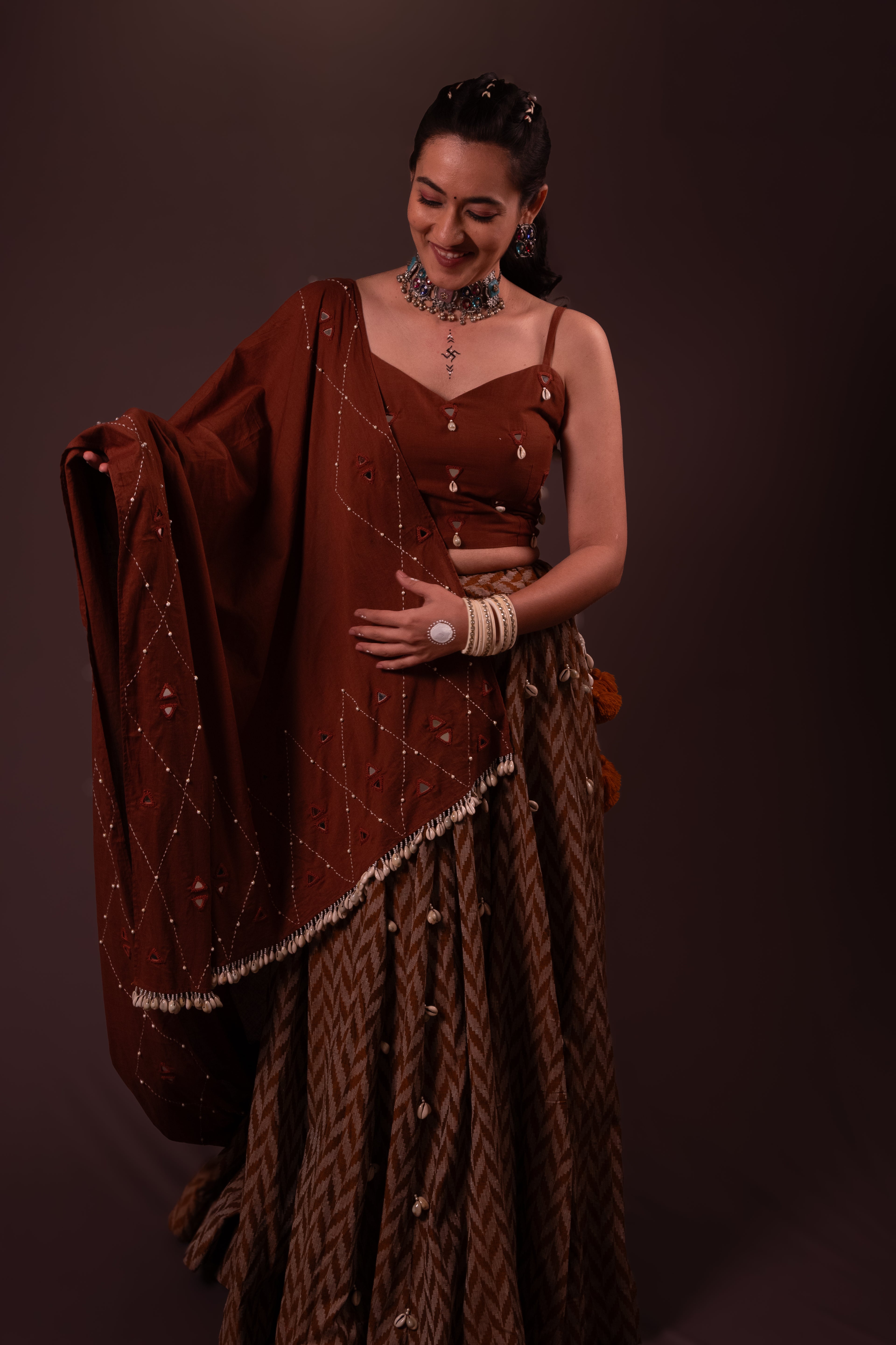 Brown Plain Thread Work Choli