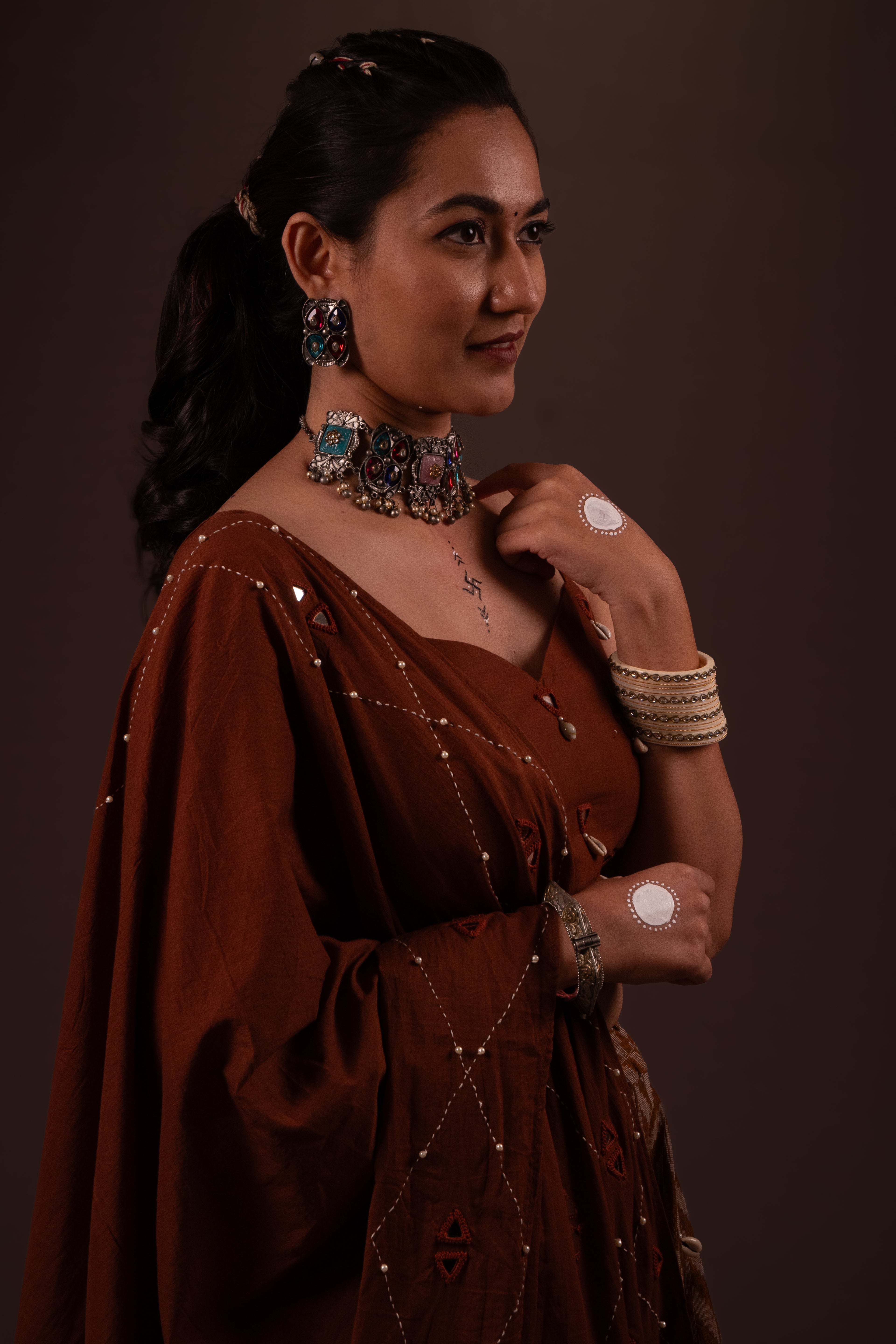 Brown Plain Thread Work Choli