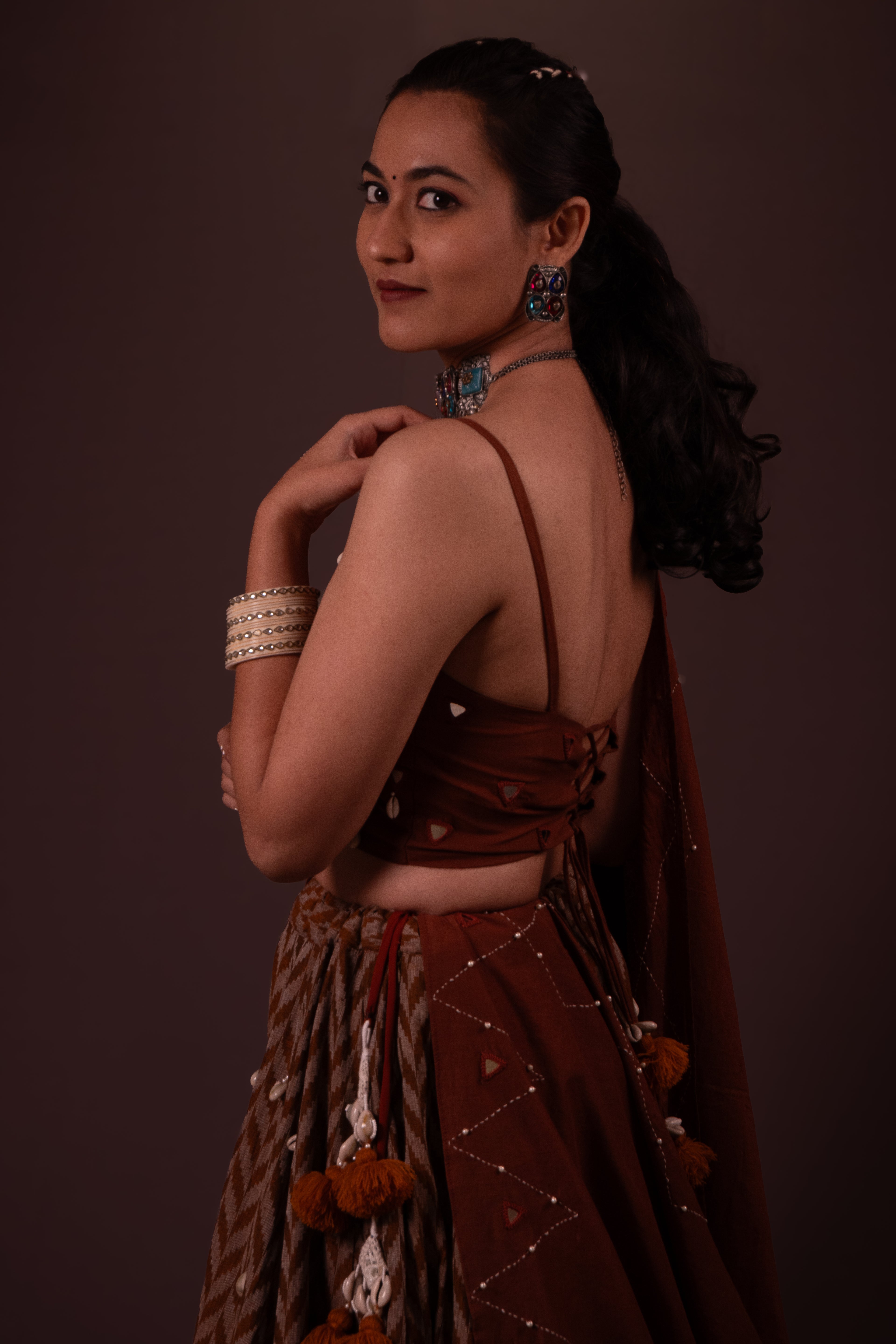 Brown Plain Thread Work Choli