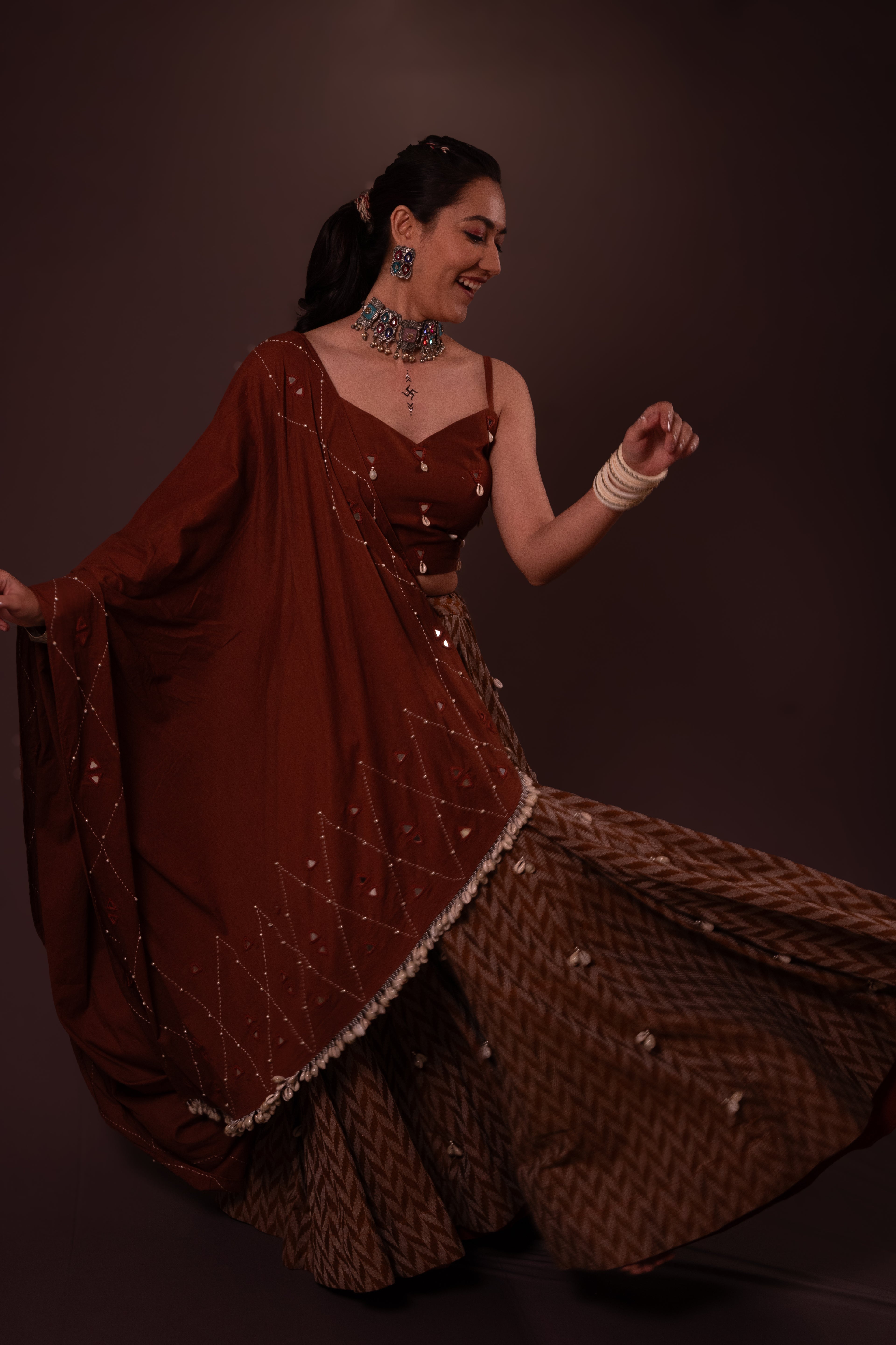 Brown Plain Thread Work Choli