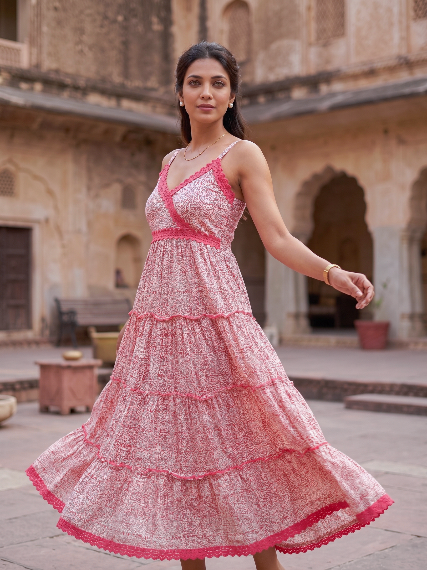 Pink Mul Cotton Tiered Dress