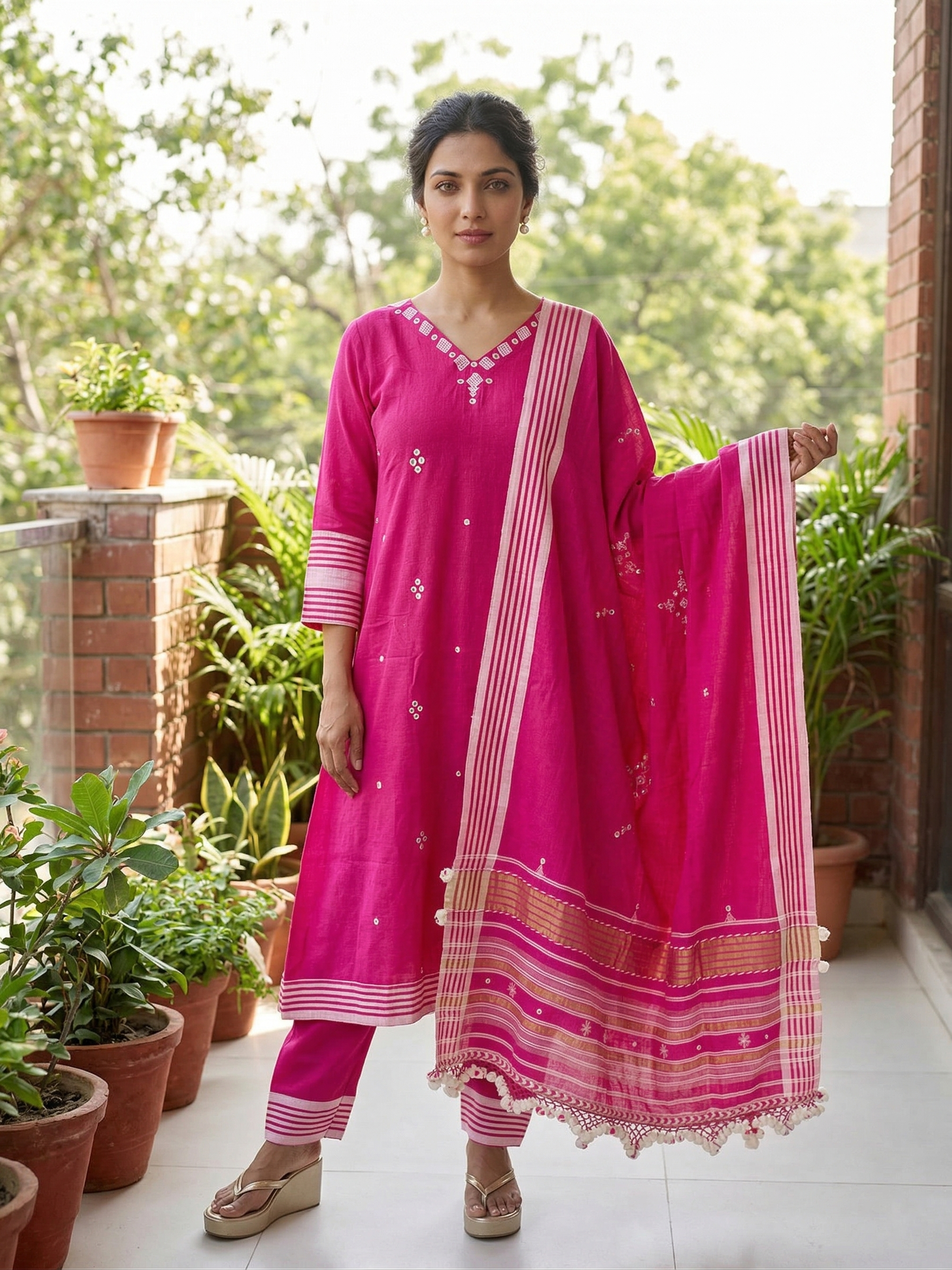 Pink Kala Cotton Kurti Set