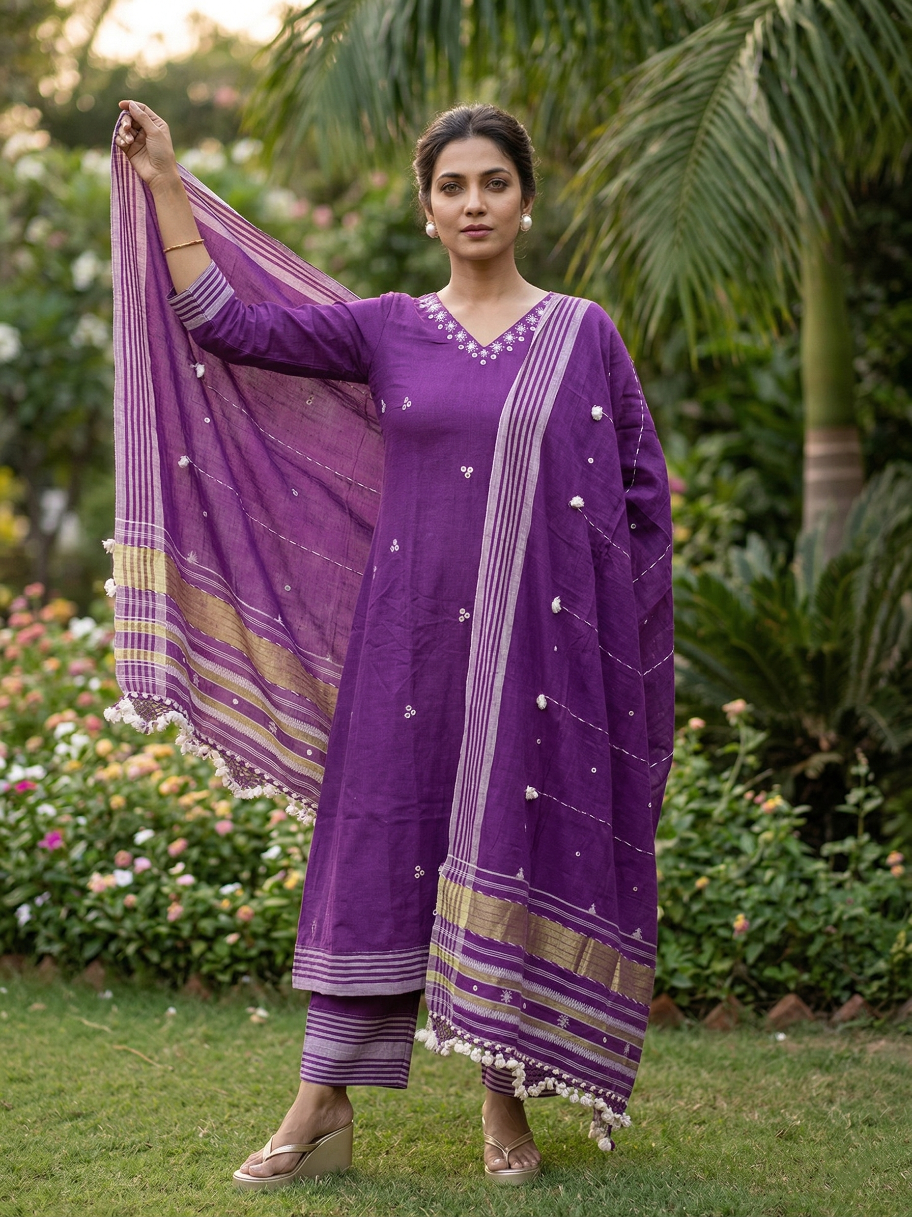 Purple Kala Cotton Kurti Set