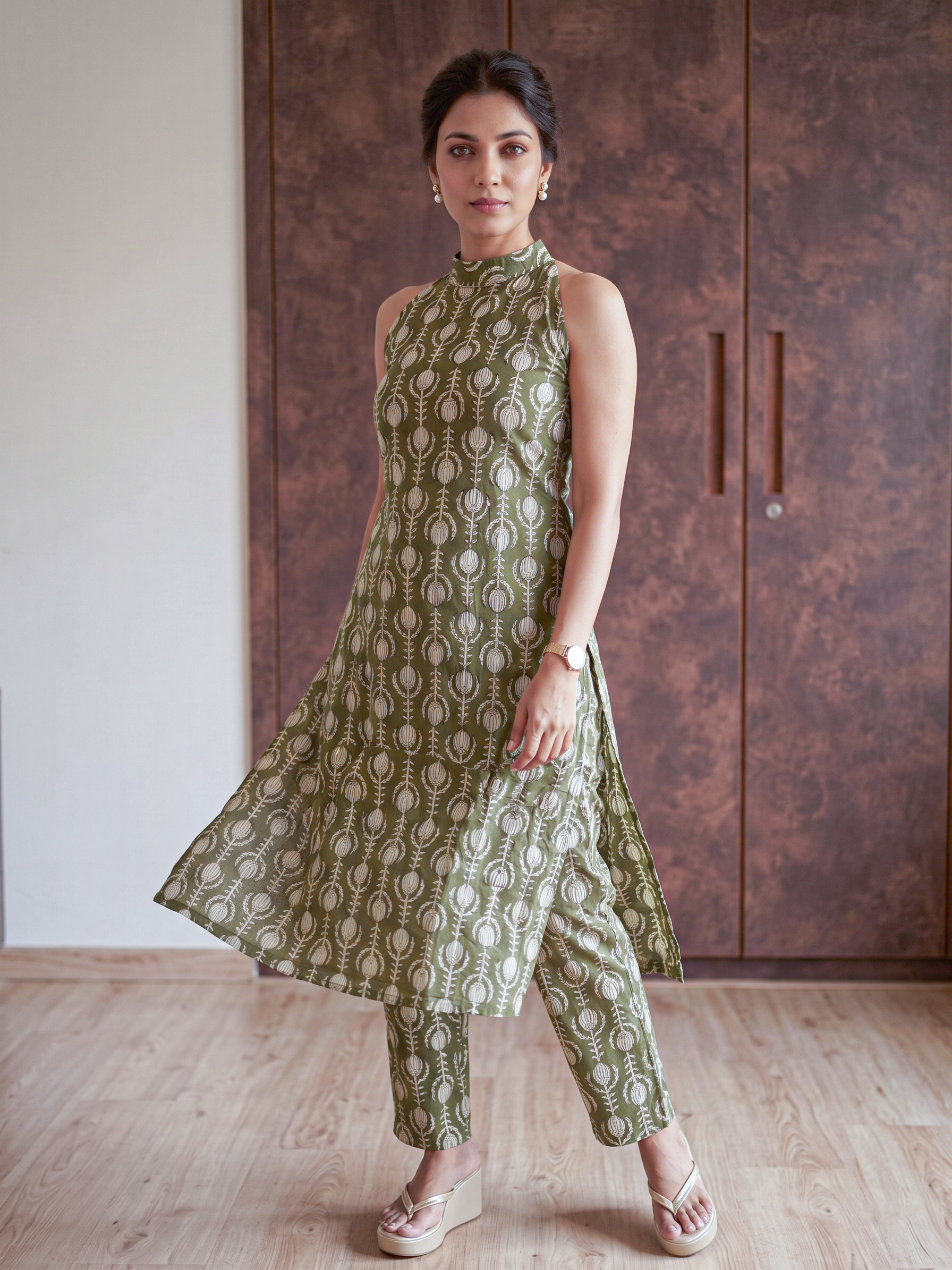 Green Handblocked Print Kurti Set