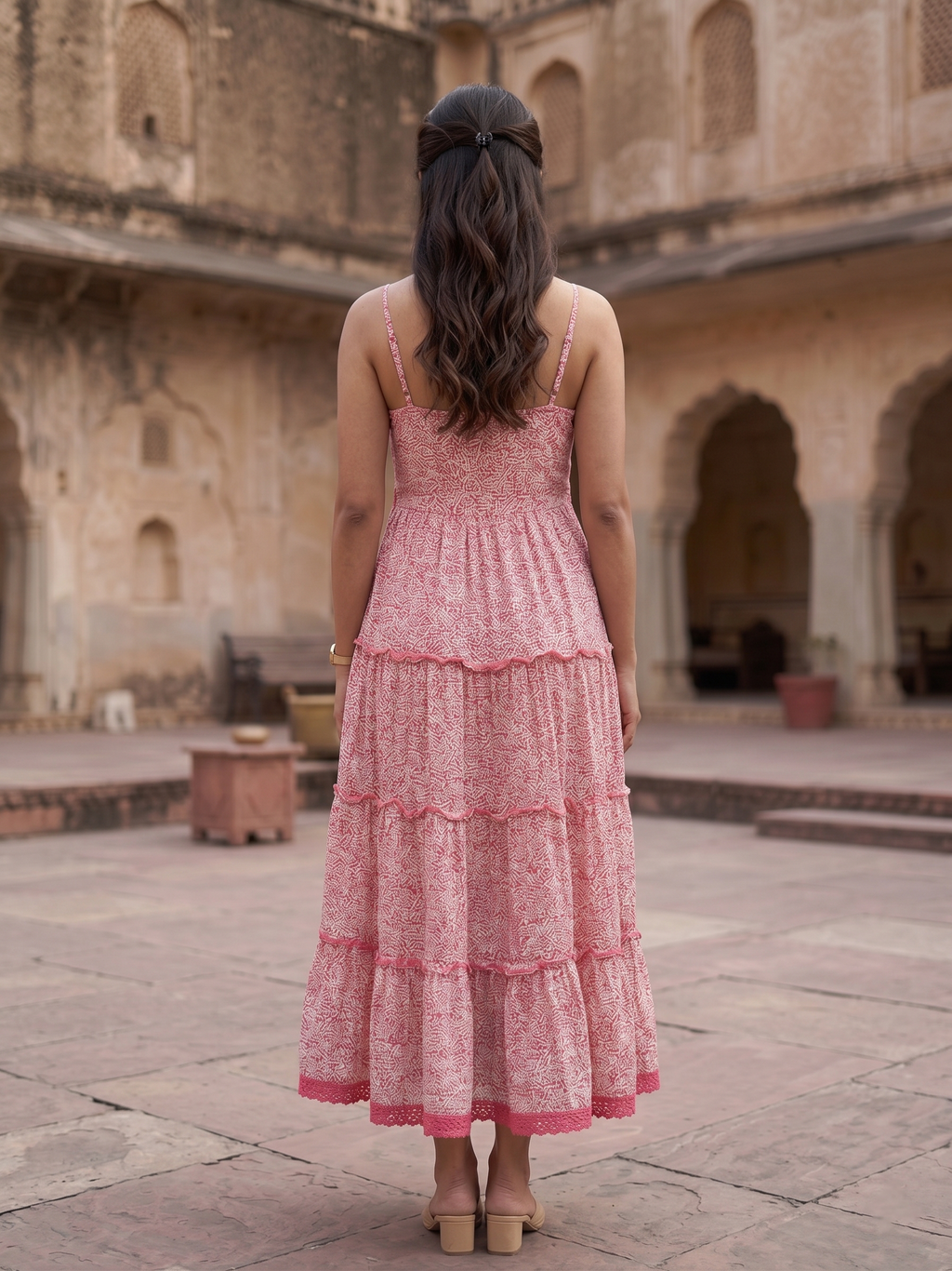 Pink Mul Cotton Tiered Dress