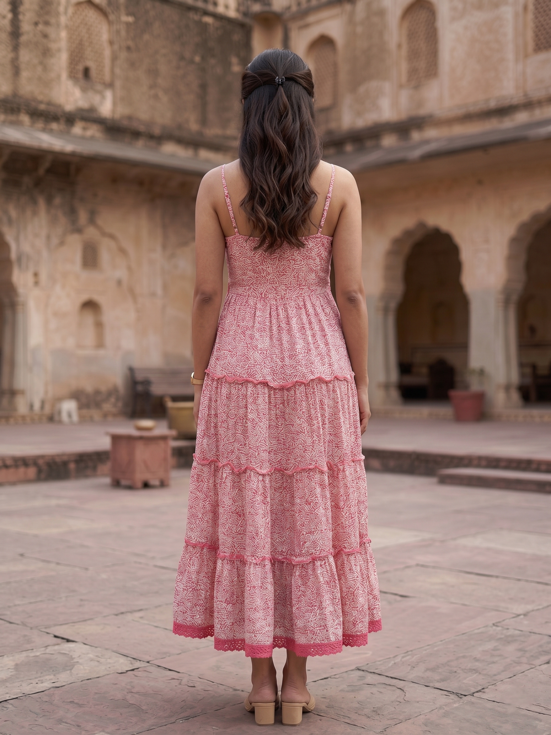 Pink Mul Cotton Tiered Dress