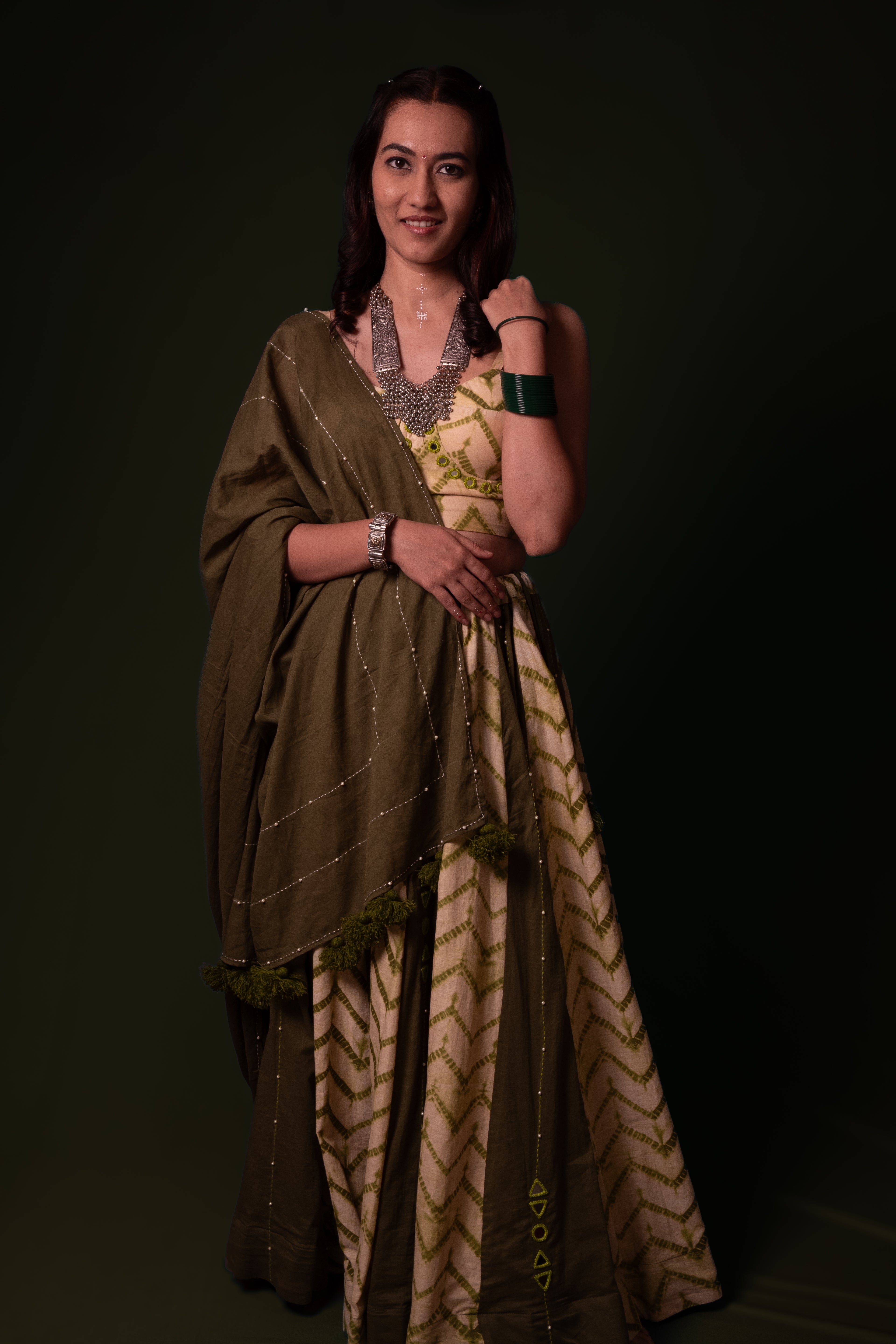 Green Plain Thread Work Choli