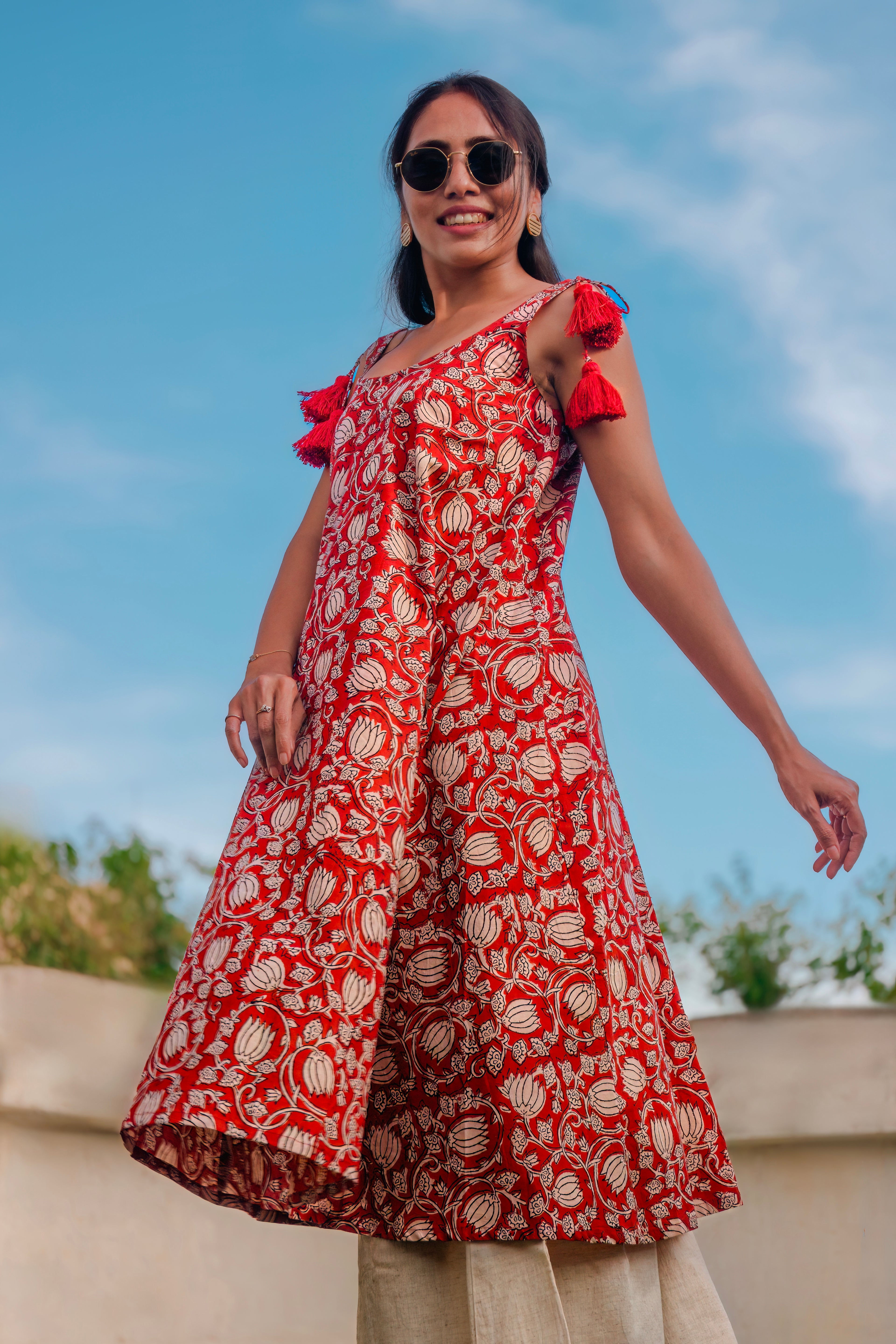 Red kalamkari print kurta with khadi cotton plazo