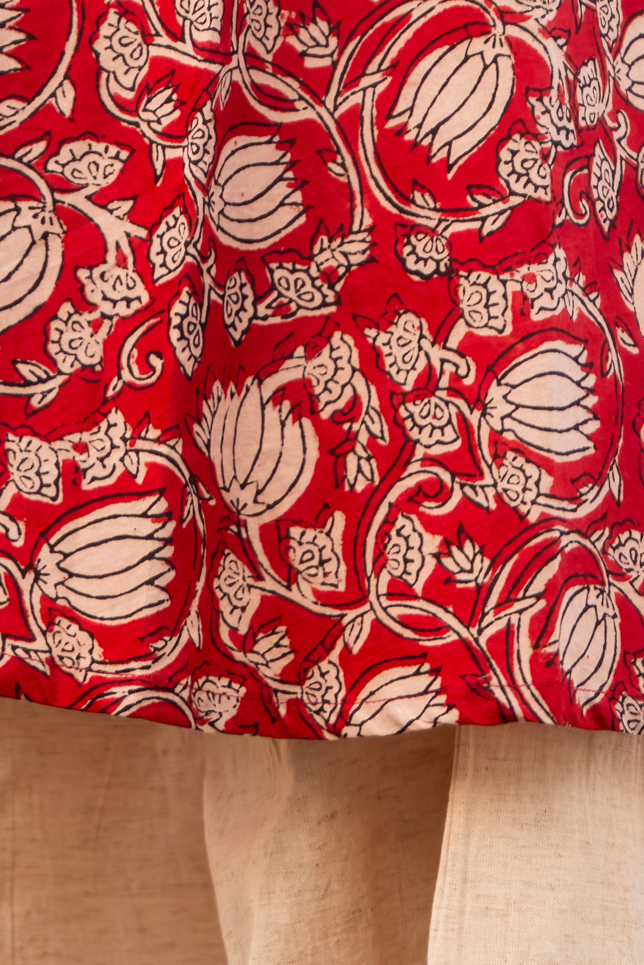 Red kalamkari print kurta with khadi cotton plazo