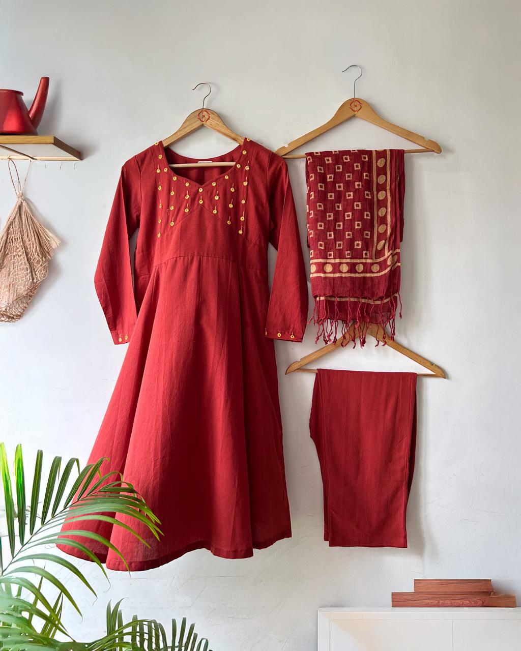 Red handwork kurti set