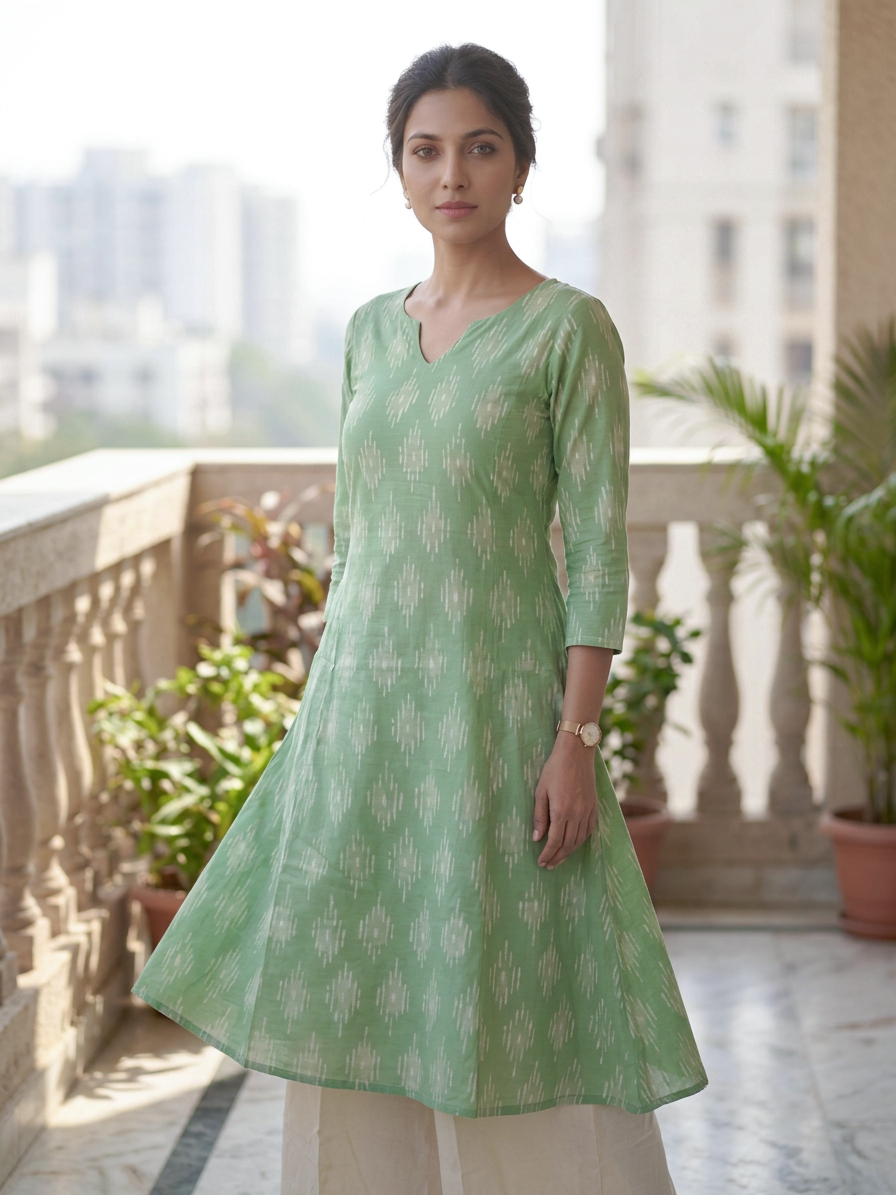 Model wearing a green handblock print kurti-palazzo summer dress on a balcony with plants and cityscape in the background